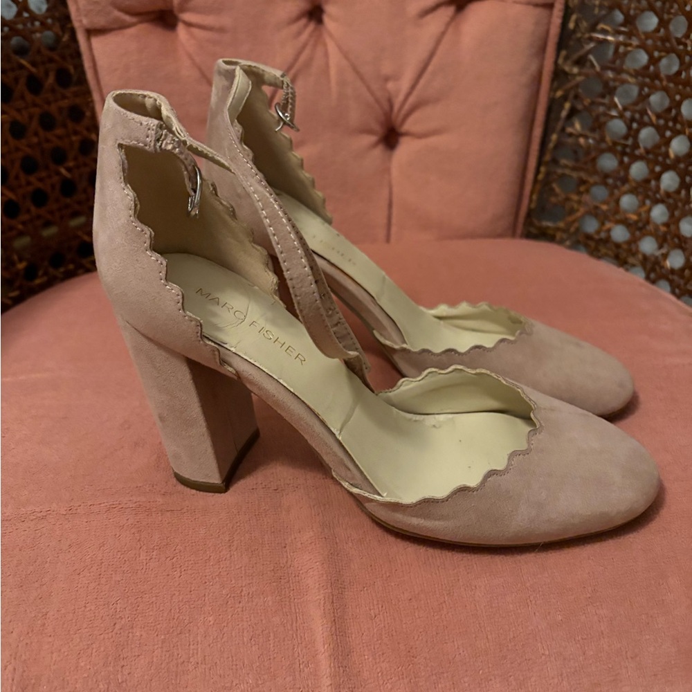 Marc Fisher Blush Scalloped Ankle-Strap Block Heels